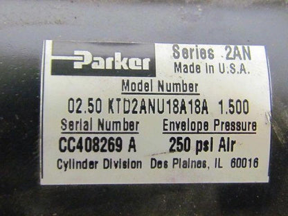 Parker 02.50 KTD2ANU18A18A 1.500 Pneumatic Air Cylinder 2 1/2" Bore 1 1/2"Stroke