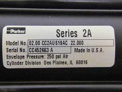 Parker 02.00 CC2AUS19AC 22.000 Pneumatic Air Cylinder 2"Bore 22"Stroke 2A Series