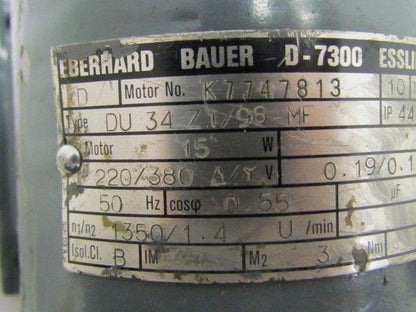 Eberhard Bauer D-7300 Esslinger K7747813 DU 34 Z1/98-MF 1.4Rpm Motor 220/380V