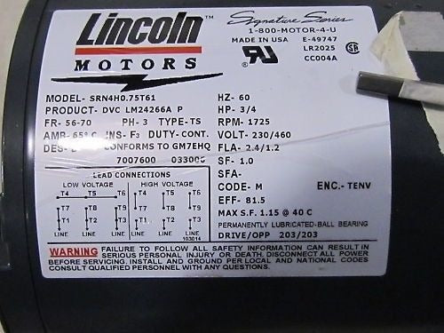 Lincoln Motor 3/4HP 230/460V 3PH Frame: 56-70 Totally Enclosed Auto Duty