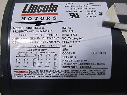 Lincoln Motor 3/4HP 230/460V 3PH Frame: 56-70 Totally Enclosed Auto Duty