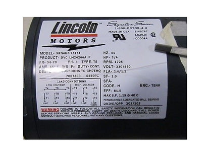 Lincoln Motor 3/4HP 230/460V 3PH Frame: 56-70 Totally Enclosed Auto Duty