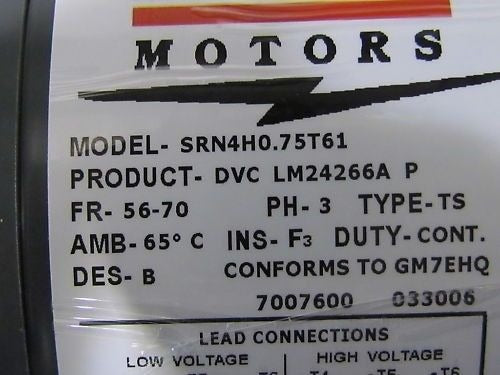 Lincoln Motor 3/4HP 230/460V 3PH Frame: 56-70 Totally Enclosed Auto Duty