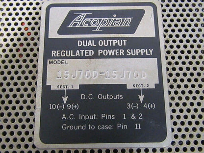 Acopian Dual Output Regulated Power Supply 15J70D-15J70D NIB