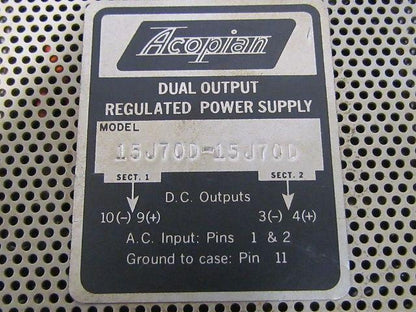 Acopian Dual Output Regulated Power Supply 15J70D-15J70D NIB