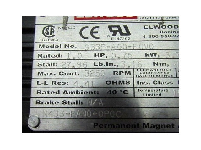 Elwood Gettys S33F-A00-F0V0 Permanent Magnet AC Servo Motor TENV