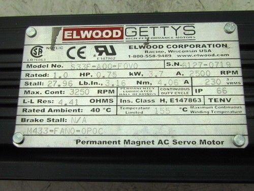 Elwood Gettys S33F-A00-F0V0 Permanent Magnet AC Servo Motor TENV