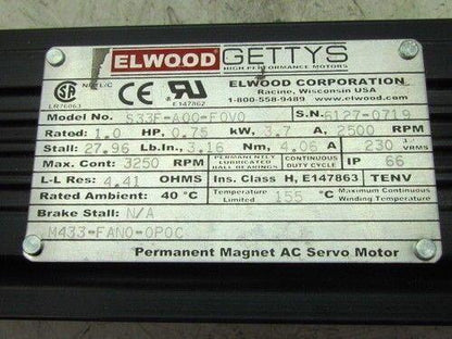 Elwood Gettys S33F-A00-F0V0 Permanent Magnet AC Servo Motor TENV