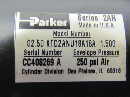 Parker 02.50 KTD2ANU18A18A 1.500 Air Pneumatic Cylinder 2 1/2"Bore 1 1/2" Stroke