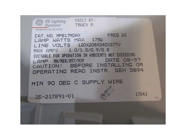 GE Lighting Systems MPB17MOAX Multivolt Ballast Housing