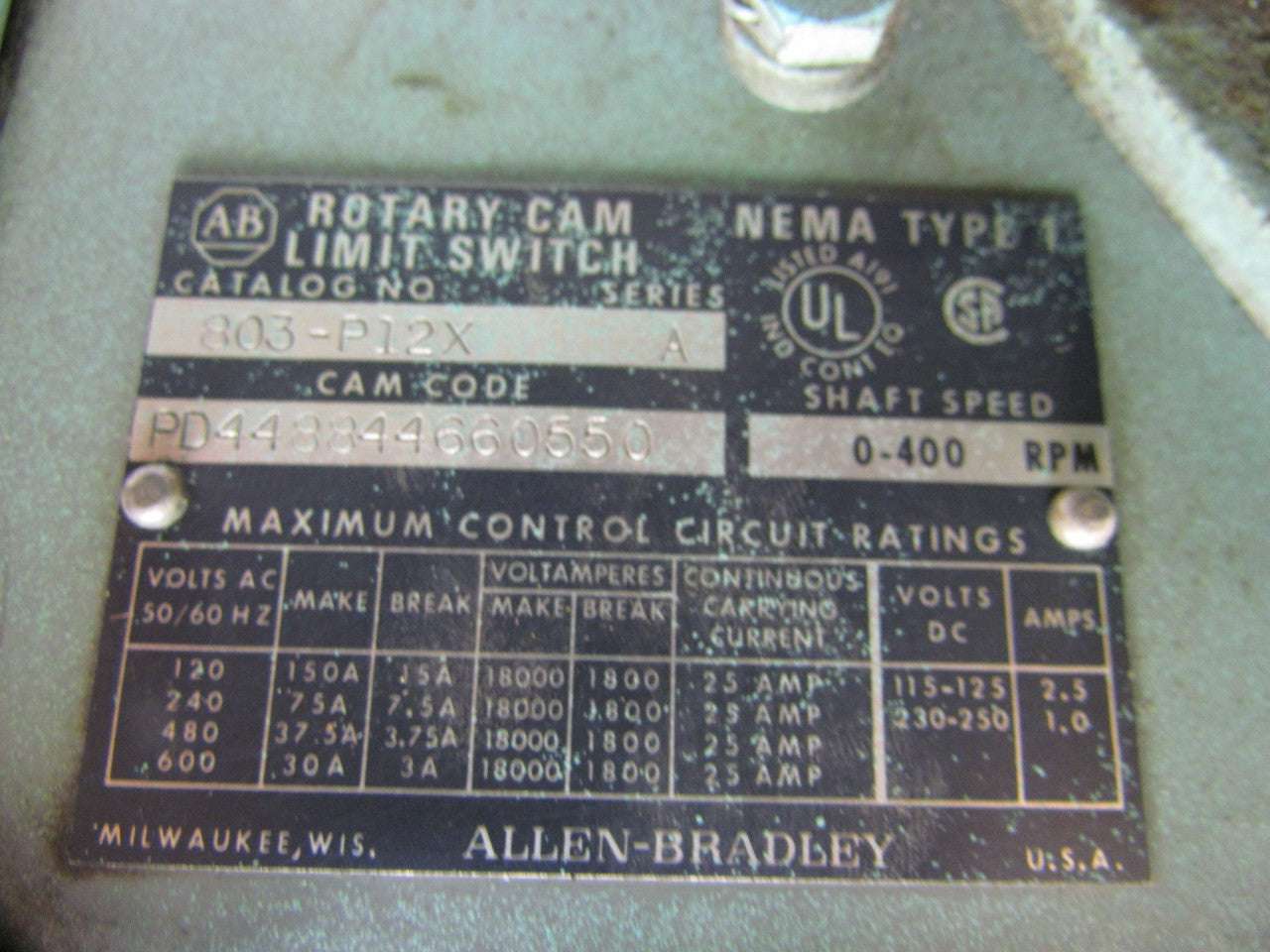 A-B Allen Bradley 803-P12X Rotating Cam Limit Switch