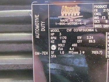 Lincoln CCF6P3UCN64 3HP 1170rpm 460V TEFC 215UC Frame Electric Motor