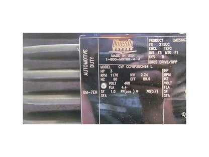 Lincoln CCF6P3UCN64 3HP 1170rpm 460V TEFC 215UC Frame Electric Motor