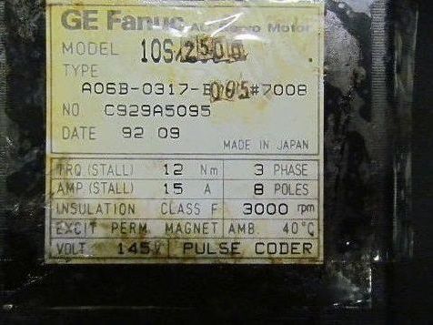 GE Fanuc AC Servo Motor Model 10S/2500 Type A06B-0317-B005#7008