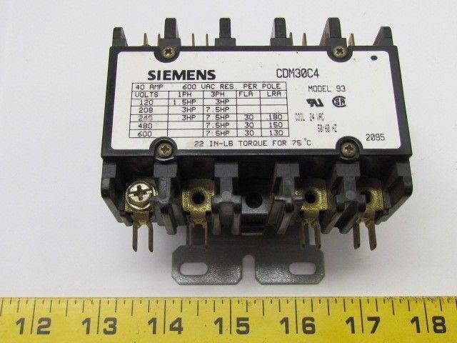 Siemens CDM30C4 Model 93 24vac Coil Contactor 4-Pole Furnace