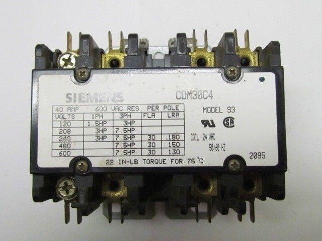 Siemens CDM30C4 Model 93 24vac Coil Contactor 4-Pole Furnace