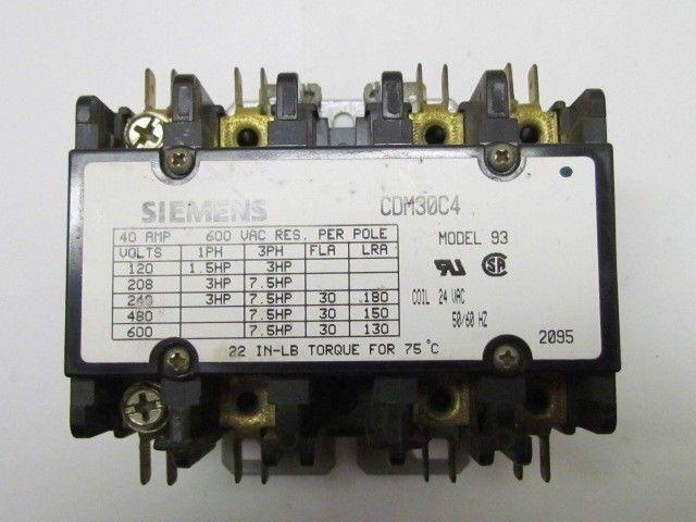 Siemens CDM30C4 Model 93 24vac Coil Contactor 4-Pole Furnace