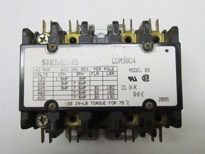 Siemens CDM30C4 Model 93 24vac Coil Contactor 4-Pole Furnace