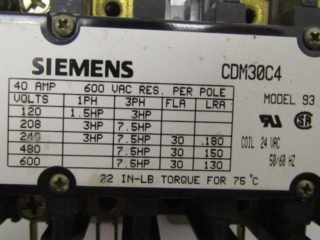 Siemens CDM30C4 Model 93 24vac Coil Contactor 4-Pole Furnace