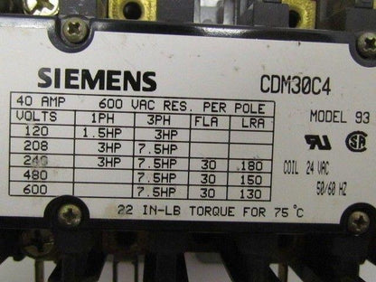 Siemens CDM30C4 Model 93 24vac Coil Contactor 4-Pole Furnace