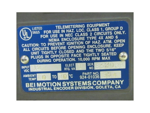 BEI Industrial Encoder M/N H38D-3140-T2-AB2C-7406M12-LED-SC-UL P/N 924-01036-354
