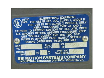 BEI Industrial Encoder M/N H38D-3140-T2-AB2C-7406M12-LED-SC-UL P/N 924-01036-354