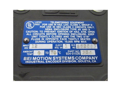 BEI Industrial Encoder M/N H38D-3140-T2-AB2C-7406M12-LED-SC-UL P/N 924-01036-354