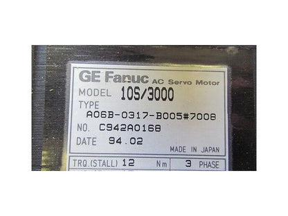 GE Fanuc AC Servo Motor 10S/3000 A06B-0317-B005#7008 145V 3PH 8pole 3000rpm