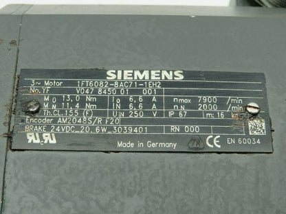 Siemens 1FT6082-8AC71-1EH2 Servo Motor
