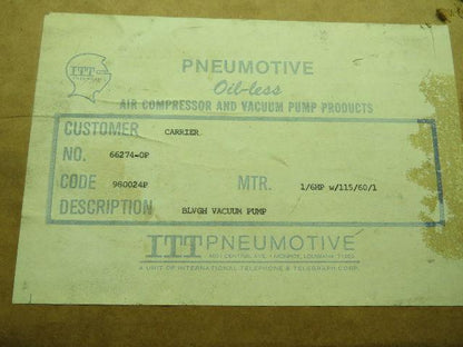 Itt Pneumotive BLVGH Vacuum Pump 115 volt 1/6 hp