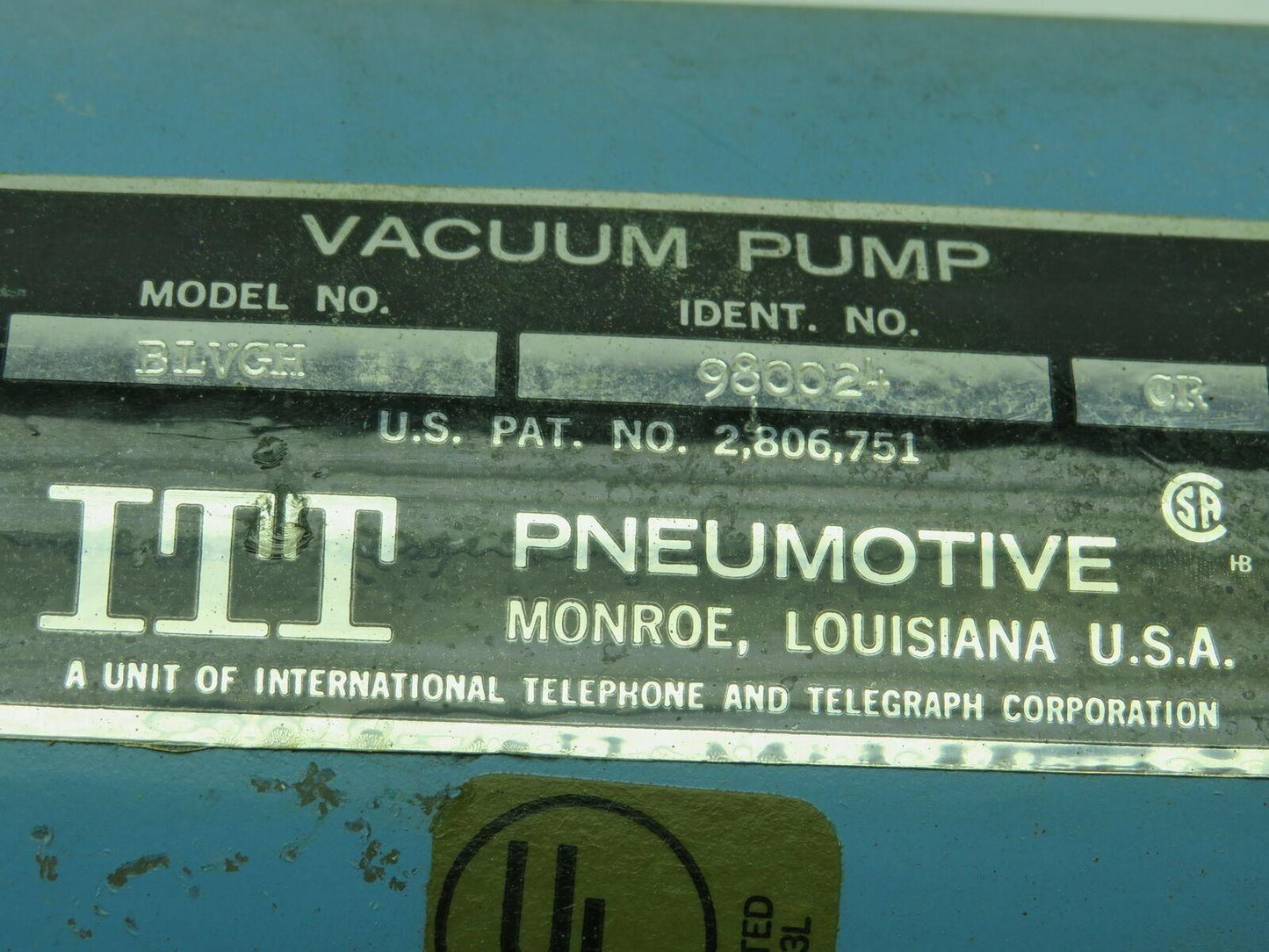 Itt Pneumotive BLVGH Vacuum Pump 115 volt 1/6 hp