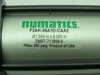 Numatics F2AK-06A1D-CAA2 Pneumatic Cylinder 1-1/2" Bore 6" Stroke Max Psi. 250