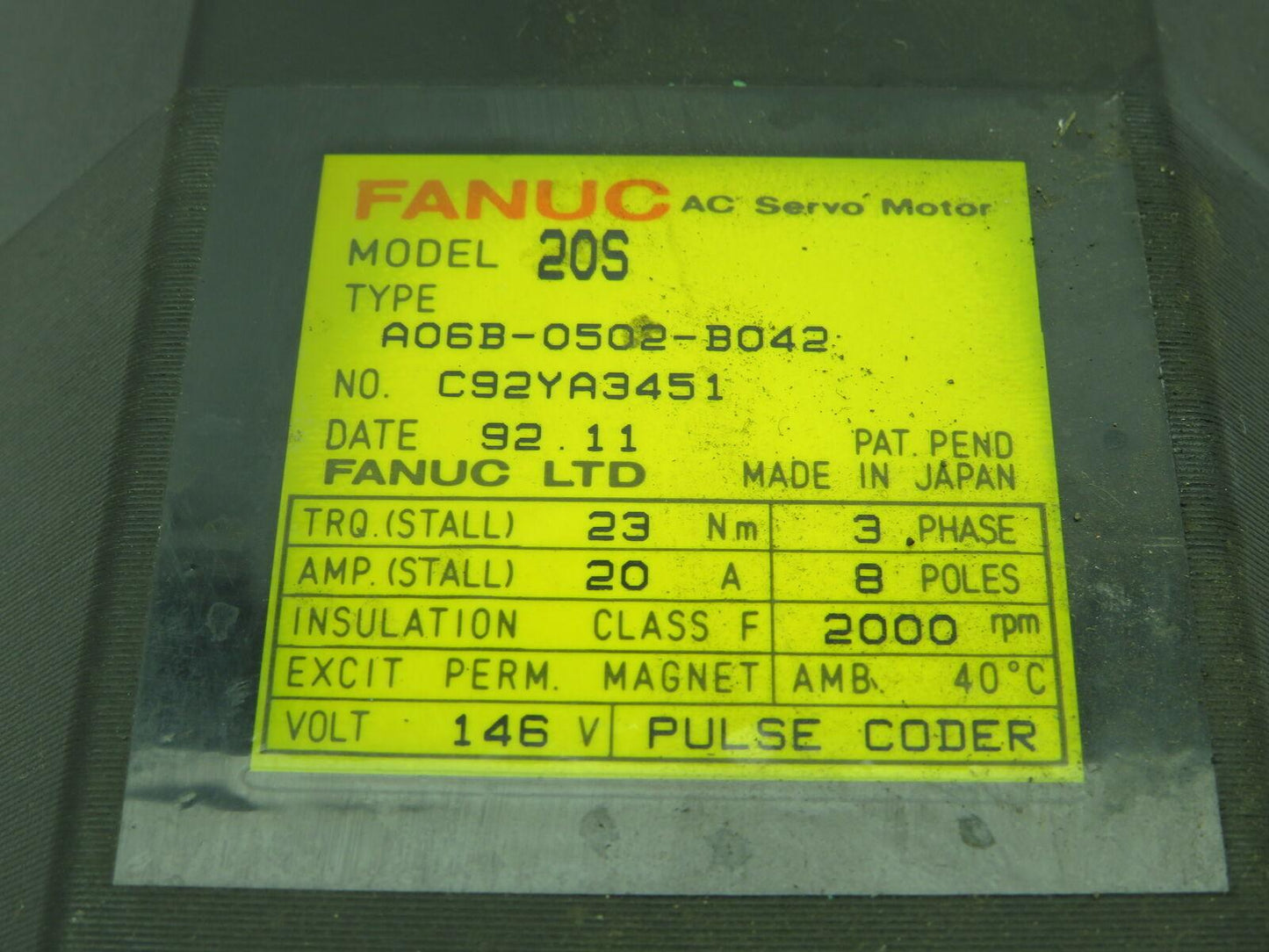 Fanuc A06B-0502-B042 AC Servo Motor 146V 20A 3PH