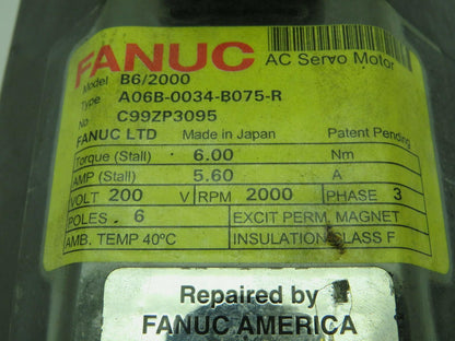 Fanuc A06B-0034-B075-R  AC Servo Motor 200V 3PH 2000 RPM