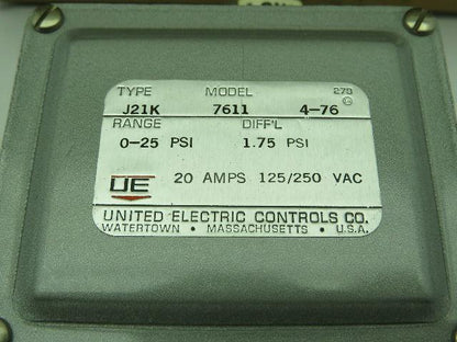 United Electric Controls 7611 Type J21K Pressure Switch  0-25PSI  20A 125/250Vac