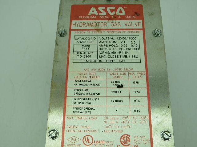 Asco V710JBSV22 Hydramotor Safety Shutoff Valve 15 PSI 110-120VAC 2.1-2.5A