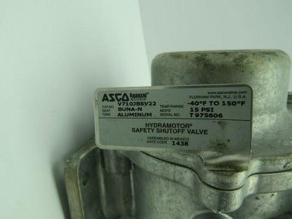 Asco V710JBSV22 Hydramotor Safety Shutoff Valve 15 PSI 110-120VAC 2.1-2.5A