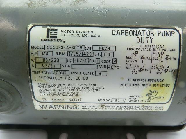 Emerson S55JXSKA-6079 Carbonator Pump 1/3HP 115-230V 6.2/3.1A