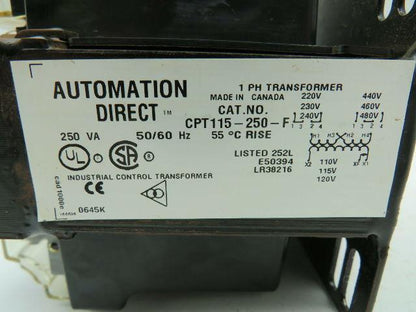 Automation Direct CPT115-250-F Transformer 250V 1PH