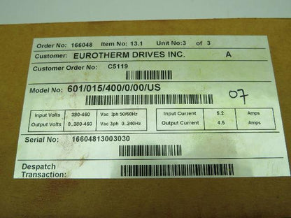 Eurotherm Drives 601/015/400/0/00/US Drive 380-460V 3PH 5.2A DIN Rail Mount