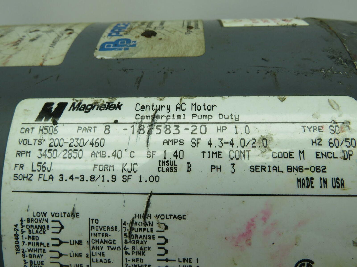Magnetek H506 1HP 2 Speed AC Pump Motor 200-230/460V 3450-2850 RPM