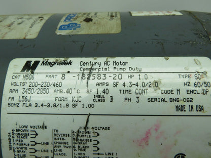 Magnetek H506 1HP 2 Speed AC Pump Motor 200-230/460V 3450-2850 RPM