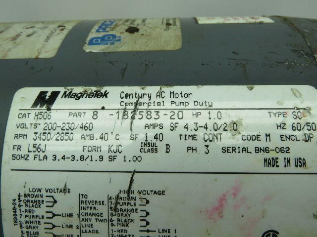 Magnetek H506 1HP 2 Speed AC Pump Motor 200-230/460V 3450-2850 RPM