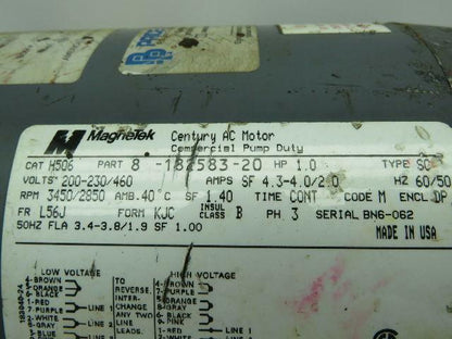 Magnetek H506 1HP 2 Speed AC Pump Motor 200-230/460V 3450-2850 RPM