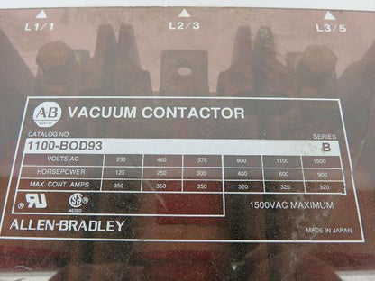 Allen Bradley 1100-BOD93/B Vacuum Contactor 1500VAC 200HP Series B