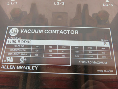 Allen Bradley 1100-BOD93/B Vacuum Contactor 1500VAC 200HP 3 Pole Series B