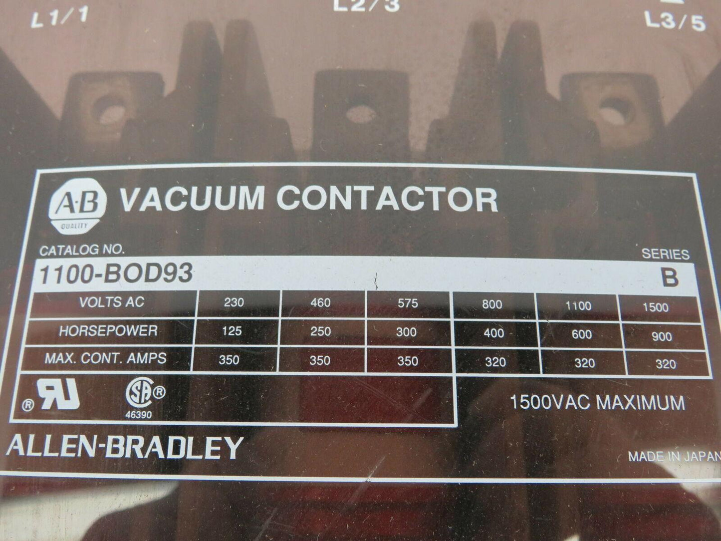 Allen Bradley 1100-BOD93/B Vacuum Contactor 1500VAC 200HP 3 Pole Series B
