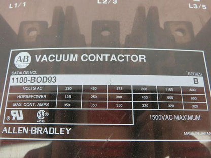 Allen Bradley 1100-BOD93/B Vacuum Contactor 1500VAC 200HP 3 Pole Series B