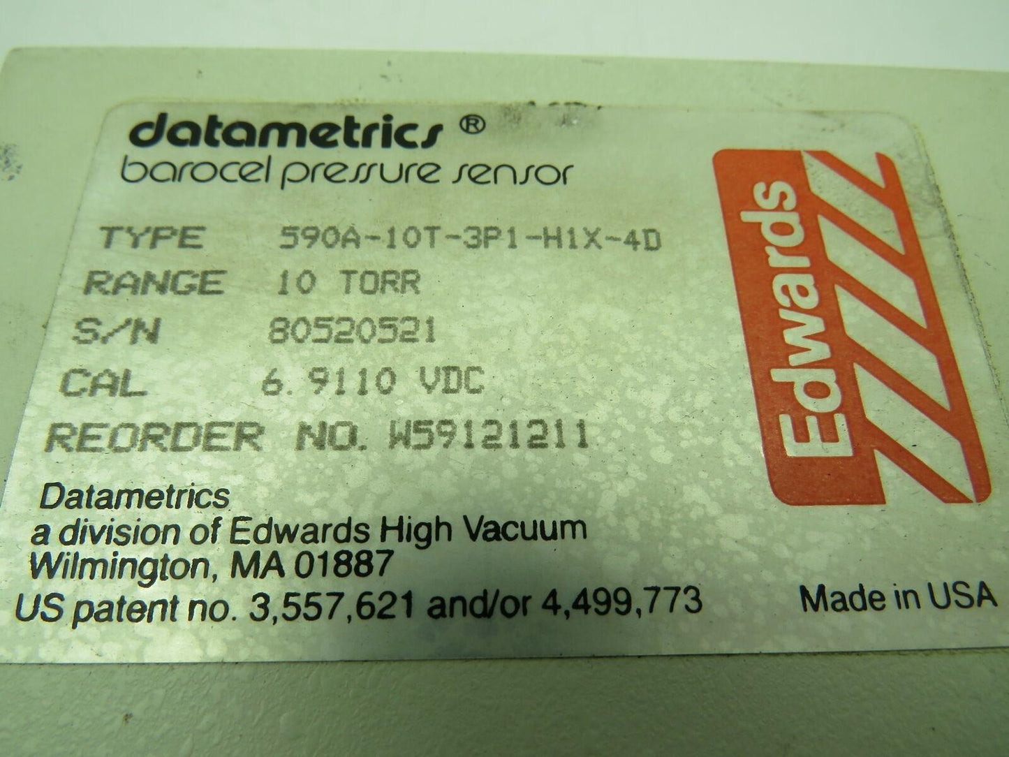 Edwards Datametrics 590A-10T-3P1-H1X-4D Barocel Pressure Sensor 10Torr