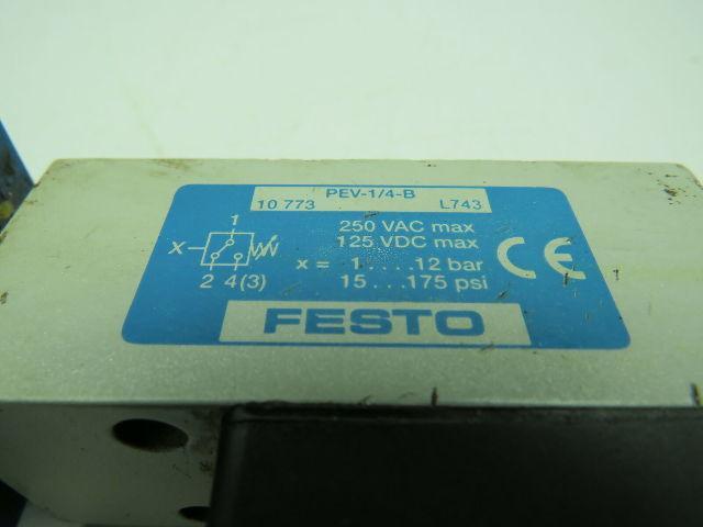 Festo FRC-1/2-SA Manifold Block W/Festo PEV-1/4-B Pressure Switch 250VAC